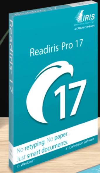 Readiris Pro 17 software case. It is light blue with a stylized eagle icon semi-circling the large number 17.
