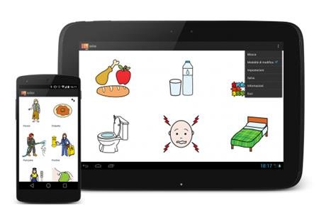 The application on a tablet device and smartphone with pictograms of simple needs like food, drink, toilet, bed in a 3x2 grid and 2x3, respectively.