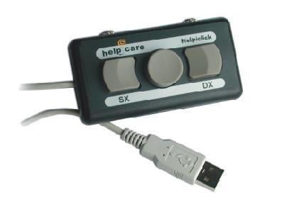 A small black rectangular device that has three gray buttons and a white USB cable attached.