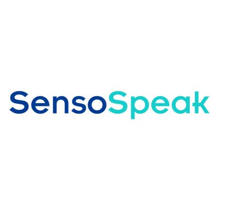 Large white square with SensoSpeak written across the middle, Senso in blue and Speak in teal.