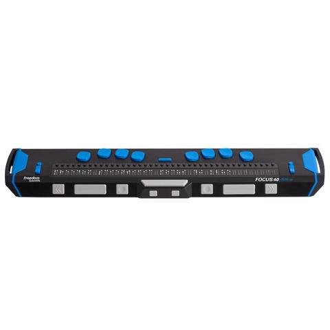 Horizontal black rectangular braille display with 40 cells and 8 light blue buttons.