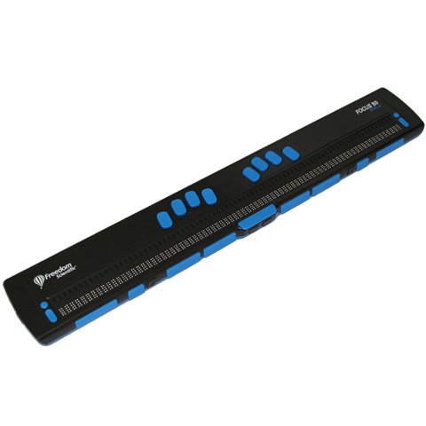Diagonal view of long black rectangular braille display with 8 light blue buttons keys and 80 cells.
