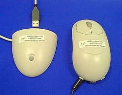 A mouse with a scroll wheel and left and right click, plus three ports for switches at the base. A small, usb adapter for wireless connectivity is also pictured.