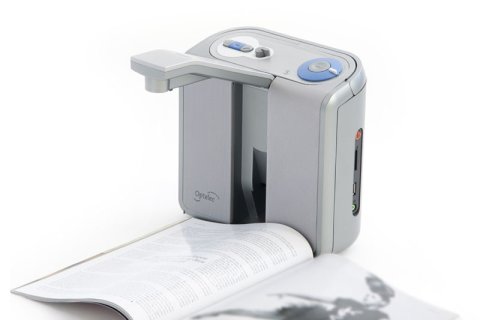The device with a book placed in front of it and the camera pulled up to a position over the book.  