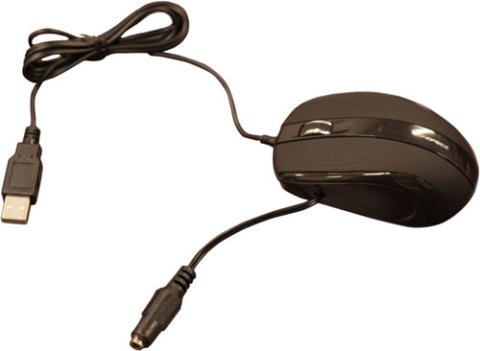 Black mouse with USB cable and cable for attaching to a switch.