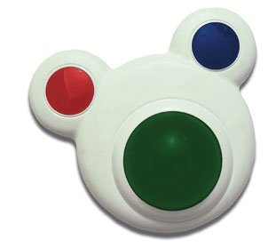 Large trackball positioned on a flat, circular surface with two adjoining, smaller, circular buttons. 