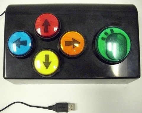 Wired, rectangular device with four up, down, left, right color-coded buttons on left and a larger, green click button on right.