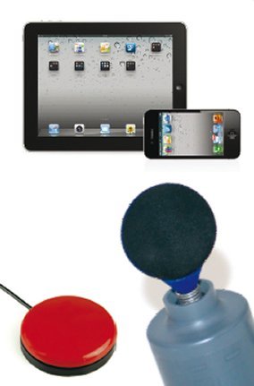 Tablet and smartphone with red switch and wheelchair control.