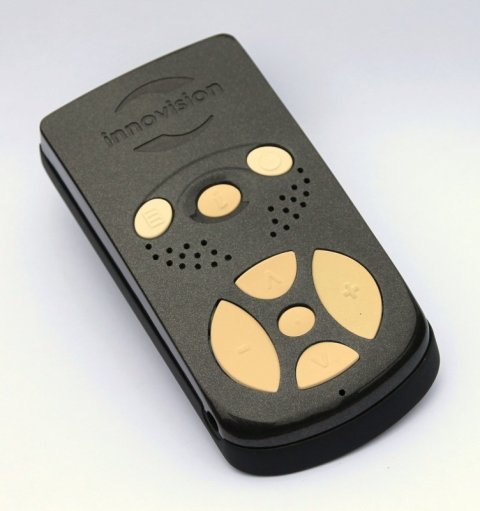 Black, rectangular device similar to a TV remote control, featuring 8 prominent, yellow menu buttons.