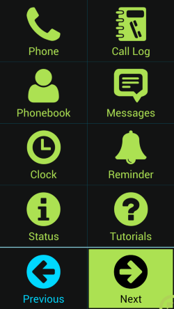 Equaleyes Accessibility menu with icons: phone, call log, phonebook, clock, messages, reminder, status, and tutorials.