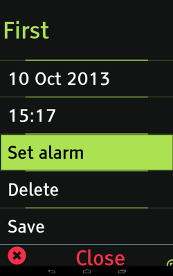 Equaleyes Accessibility for set alarm screen featuring a date, time and options: Set alarm, delete, save, and close.