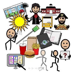 Drawn symbols, such as a pirate, the sun, stick figures, cartoon frame, french fries, burger, and a drink.