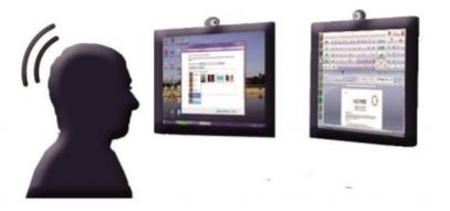 Two computer screens with head trackers and a figure with the head in motion in front of the screens.