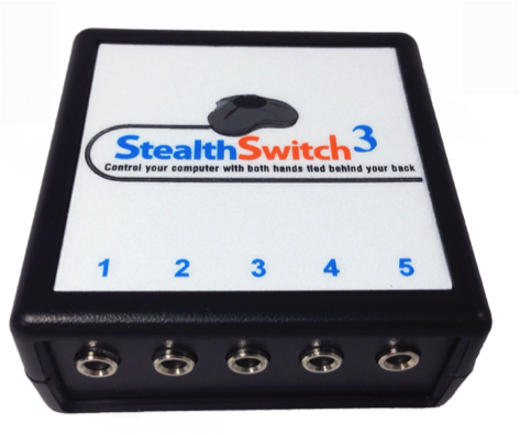 A rectangular device with five inputs on the front face and a Stealth Switch 3 logo of a game controller on the top face.