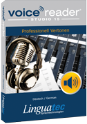 Voice Reader Studio software package showing professional recording equipment, including a microphone, headphones and a sound mixer in the background.
