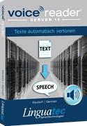 Voice Reader Server software package showing a graphic of the words "text to speech". The word text is written on a page with a blue arrow indicating it changes to speech, which is written inside a speech bubble.