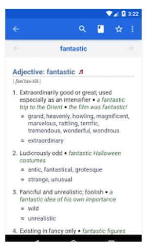 Audio Dictionary screen with the word fantastic and its definition and usage.