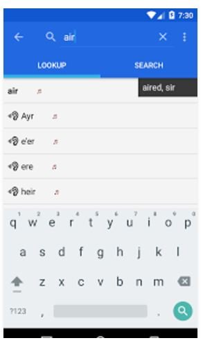 Audio Dictionary word lookup with an onscreen QWERTY keyboard and search button.