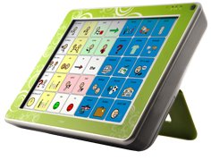 Tablet with kickstand and AAC board on screen.