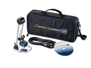 document camera next to cord, cd, and in front of black rectangular carrying case with logo on the front