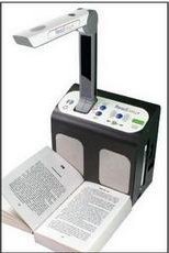 Text to speech book scanner, with rectangular, box base and extended arm to scan the text.