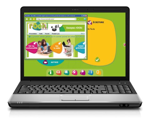 rOOki Kid software displayed on laptop with a bright green and yellow background.