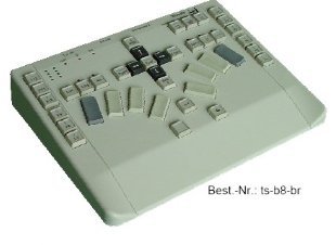 A wedge-shaped keyboard device with standard keyboard keys arranged above and to either side of braille keys.