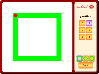 The Lipstick program with a red dot at the top-left corner of a square boarder with selection buttons in a panel to the right. 