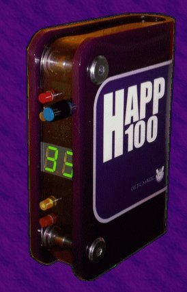 Rectangular shaped device with Happ100 logo on the front of it. 