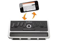 Braille keyboard and iPhone interface with arrows indicating back and forth communication.