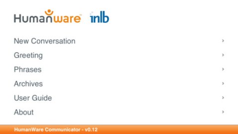 Screen shot of HumanWare Communicator menu: new conversation, greeting, phrases, archives, user guide, about.