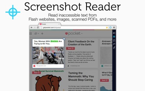 Screenshot Reader function, featuring the word "Strollers" highlighted. The caption reads, "Read inaccessible text from Flash websites, images, scanned PDFs, and more. 
