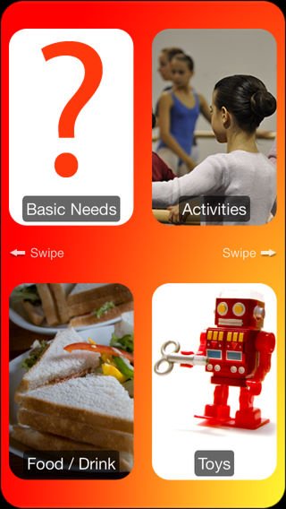 Screenshot four communication categories for children to choose from, including "basic needs", "activities", "food/drink", and "toys". 