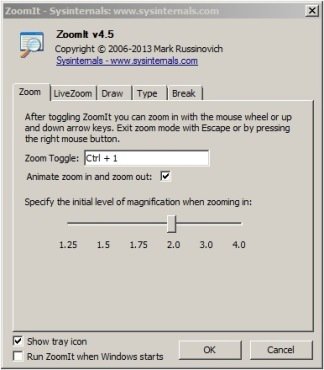 Screenshot of ZoomIt dialogue window, reading "After toggling Zoomit you can zoom in with the mouse wheel or up and down arrow keys.  Exit zoom mode with Escape or by pressing the right mouse button."