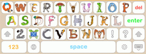 Image of an on-screen keyboard with colorful letters formed by cartoon animals.
