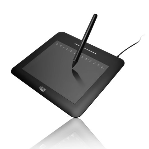 black, square tablet with black stylus and connection cable from top right edge