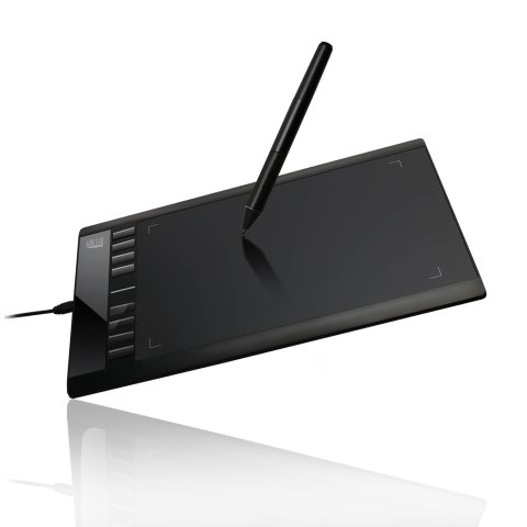 black rectangular tablet with black stylus and connection cable from left edge