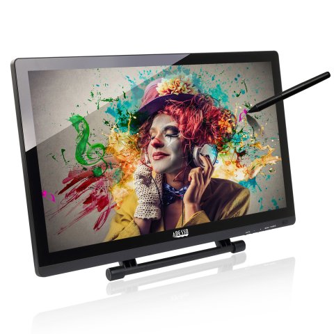 wide screen tablet with picture display of clown and a black stylus