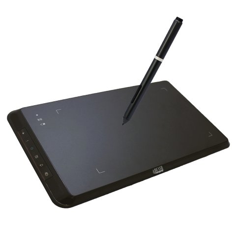 black rectangular tablet with rounded edges and skinny stylus hovering above screen
