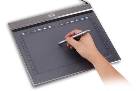 rectangular, dark gray tablet in use with a hand holding a stylus