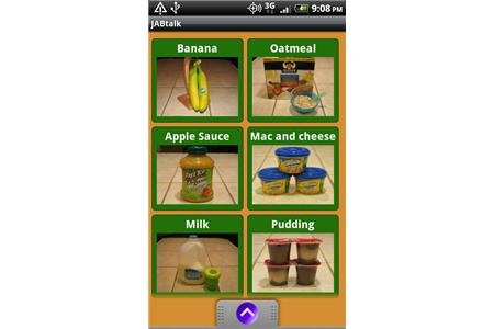 AAC board with food pictures on a smartphone screen.