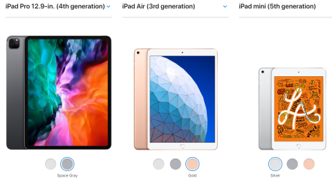 The space gray 12.9-inch Pro model, then the gold iPad Air 3rd generation which is smaller than the Pro, and then the silver iPad mini model, which is the smallest of the three.