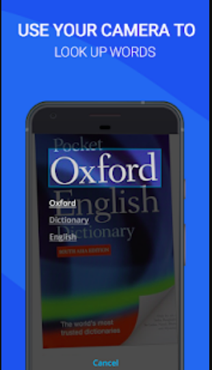 A screenshot of the Oxford English Dictionary on a phone with the words written again in the foreground. The tagline states: Use your camera to look up words.