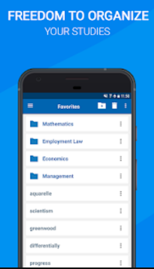 A Phone with a listing of folders that are labeled and each has menu options to the far right. Under these is a listing of words, also each having a menu button. The tagline states freedom to organize your studies.