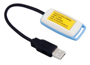Black USB connected to a white Bluetooth device.