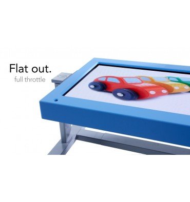The touch screen device with a picture of toy cars in a flat, table-like position.