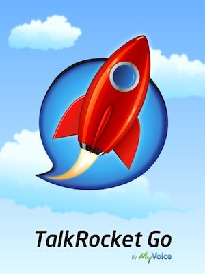 Talkrocket Go Logo, made up of a red rocket enclosed in a blue speech bubble, overlaying a blue, cloudy sky background.