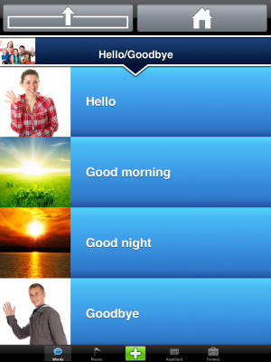 Screenshot of an app menu featuring various phrases in blue rectangles and including a corresponding image.