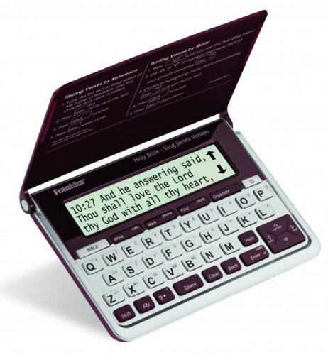 Small QWERTY Keyboard device with additional special keys, a small computer screen on top and a hinged cover.  Written on the screen is a chapter:verse from the bible. To the right are up and down arrows for scrolling.