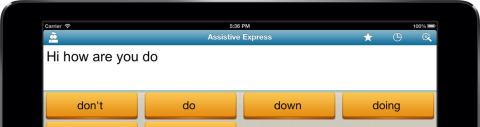 White text input on iPad with black text and orange word prediction buttons.